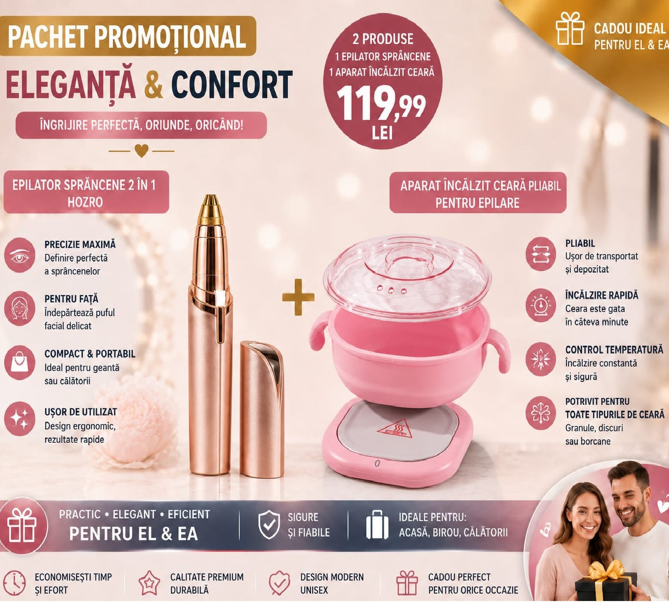 👑 Pachet Promoțional Beauty Clinic HOZRO®: Încălzitor de Ceară Premium + Epilator Facial și Sprâncene 2-în-1 HOZRO