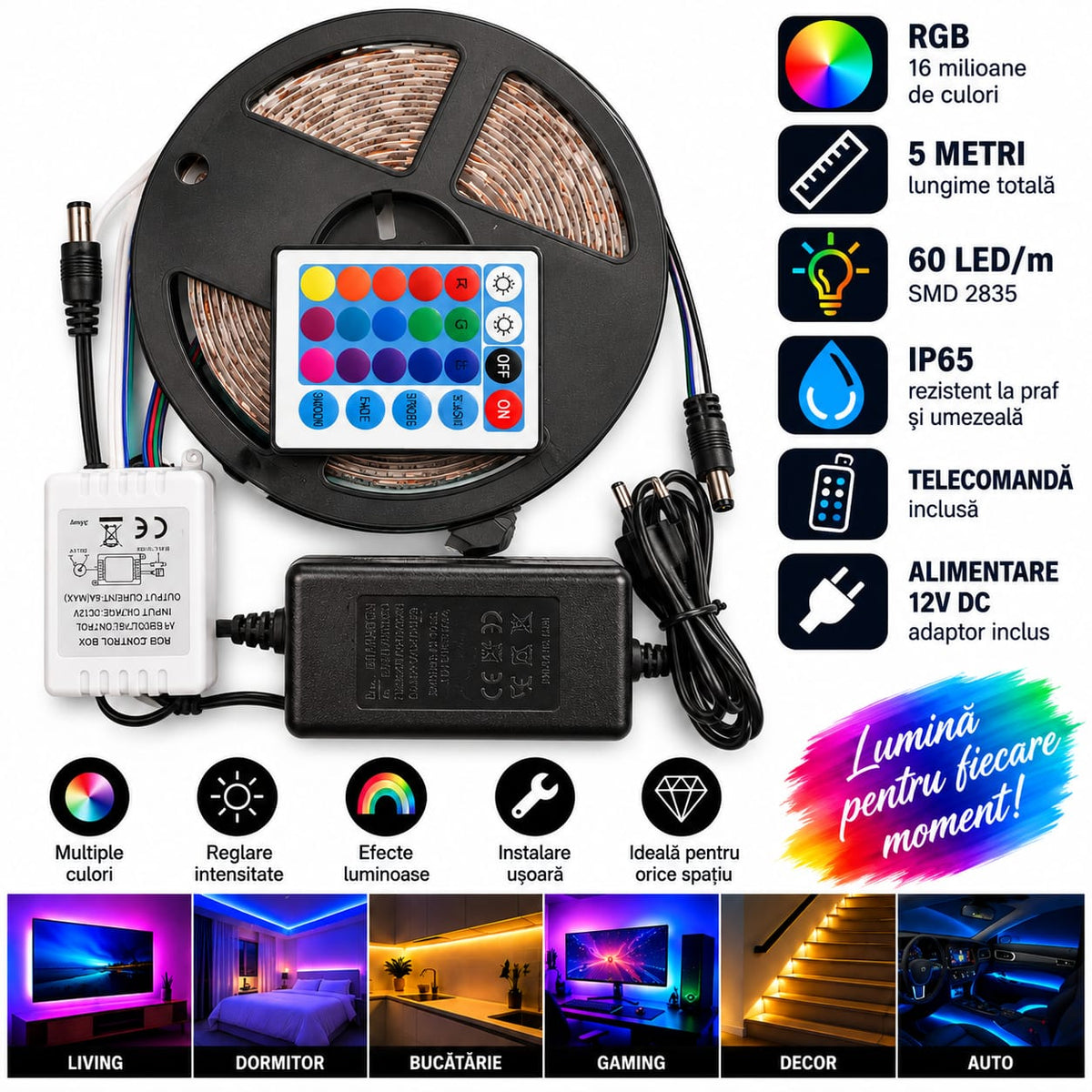 Bandă LED RGB 5 metri – 60 LED/m, SMD 2835, IP65, cu telecomandă BESTSELLS