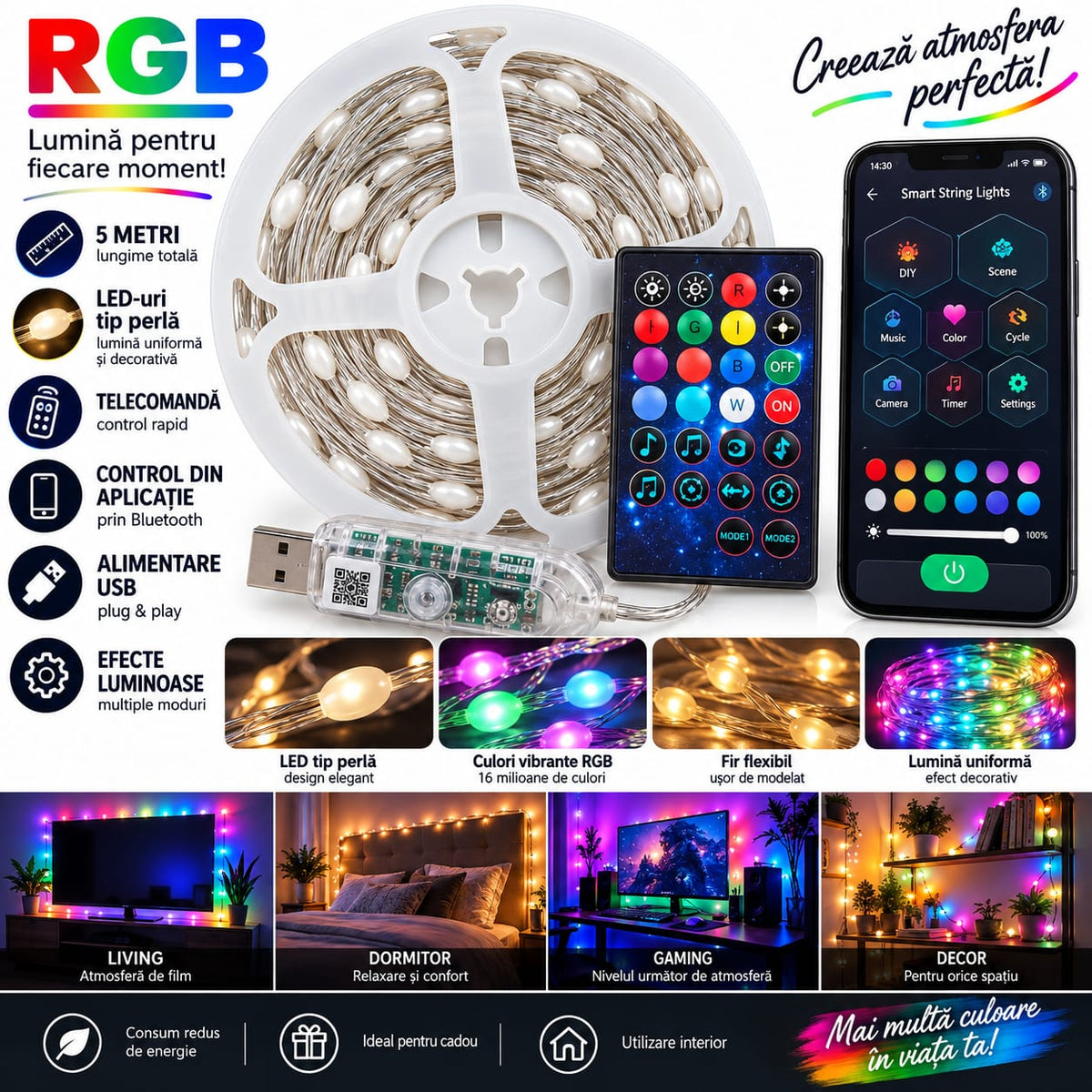 Bandă LED RGB Smart 5 m, USB, Bluetooth, control prin aplicație și telecomandă, IP65 BESTSELLS
