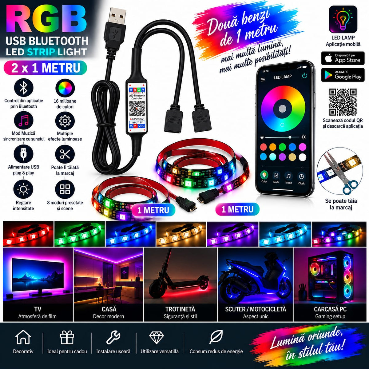 Bandă LED RGB Smart 2 × 1 m, USB, Bluetooth, control prin aplicație, 2 ieșiri RGB BESTSELLS