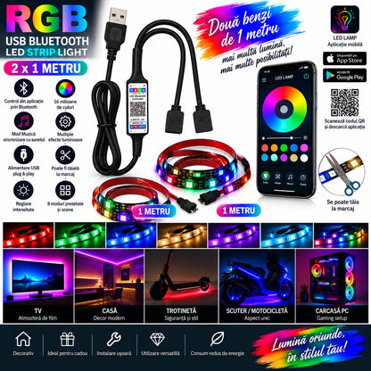 Bandă LED RGB Smart 2 × 1 m, USB, Bluetooth, control prin aplicație, 2 ieșiri RGB BESTSELLS