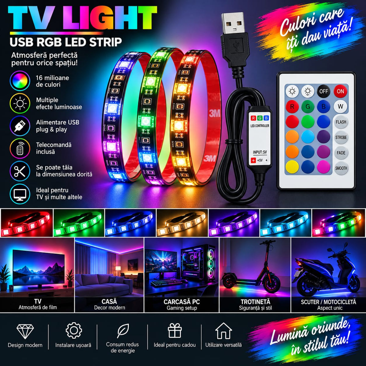 Bandă LED TV USB RGB cu telecomandă, iluminare ambientală pentru televizor BESTSELLS