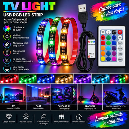 Bandă LED TV USB RGB cu telecomandă, iluminare ambientală pentru televizor BESTSELLS