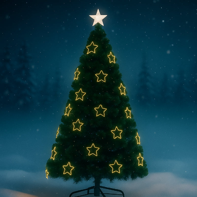 Brad artificial premium de Crăciun HOZRO, cu iluminat LED cald în formă de stele decorative, stea luminoasă în vârf și suport metalic rezistent inclus – aspect realist, ramuri dese și design elegant pentru sărbători magice și festive în familie 🎄 HOZRO
