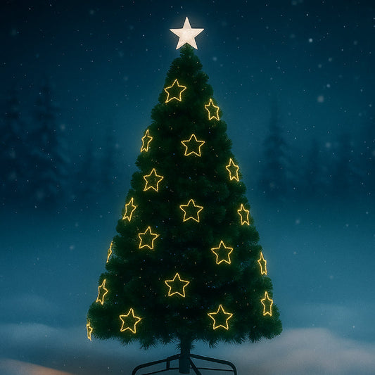 Brad artificial premium de Crăciun HOZRO, cu iluminat LED cald în formă de stele decorative, stea luminoasă în vârf și suport metalic rezistent inclus – aspect realist, ramuri dese și design elegant pentru sărbători magice și festive în familie 🎄 HOZRO