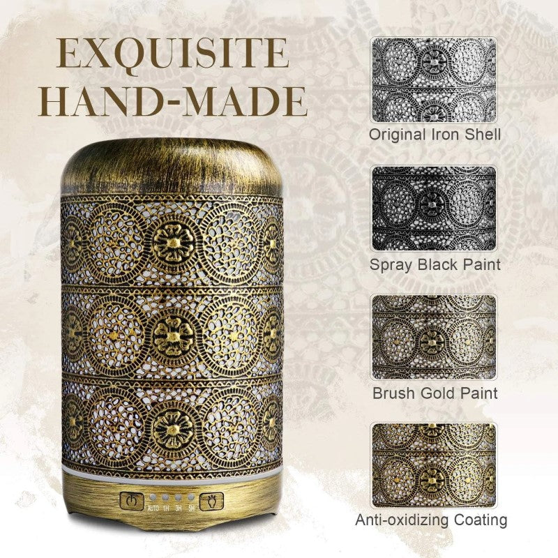 Difuzor HOZRO, Aromaterapie Vintage, cu Design Metalic Elegant, 250ml – Umidificator cu Ultrasunete, 7 Culori LED Ambientale, Funcție de Oprire Automată, Ideal pentru Relaxare, Dormitor sau Spa