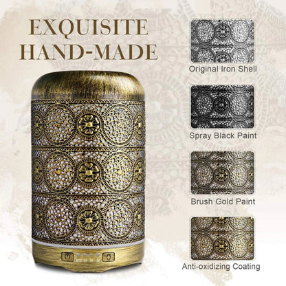 Difuzor HOZRO, Aromaterapie Vintage, cu Design Metalic Elegant, 250ml – Umidificator cu Ultrasunete, 7 Culori LED Ambientale, Funcție de Oprire Automată, Ideal pentru Relaxare, Dormitor sau Spa