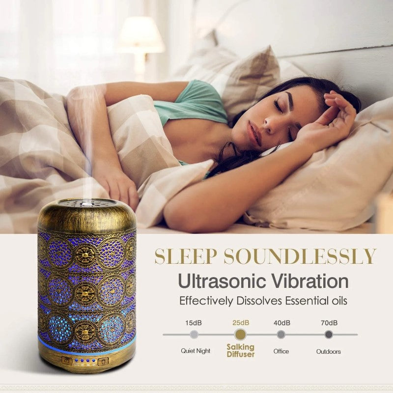 Difuzor HOZRO, Aromaterapie Vintage, cu Design Metalic Elegant, 250ml – Umidificator cu Ultrasunete, 7 Culori LED Ambientale, Funcție de Oprire Automată, Ideal pentru Relaxare, Dormitor sau Spa