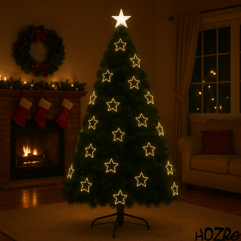 Brad artificial premium de Crăciun HOZRO, cu iluminat LED cald în formă de stele decorative, stea luminoasă în vârf și suport metalic rezistent inclus – aspect realist, ramuri dese și design elegant pentru sărbători magice și festive în familie 🎄 HOZRO