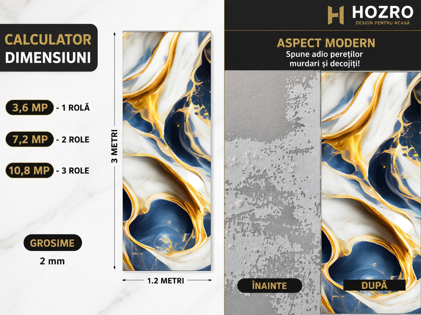 Tapet Autocolant Premium 3D HOZRO – Aspect de Marmură Albastru/gold, 3 x 1.2 m (3.6 mp)- 605-5 HOZRO