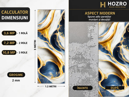 Tapet Autocolant Premium 3D HOZRO – Aspect de Marmură Albastru/gold, 3 x 1.2 m (3.6 mp)- 605-5 HOZRO