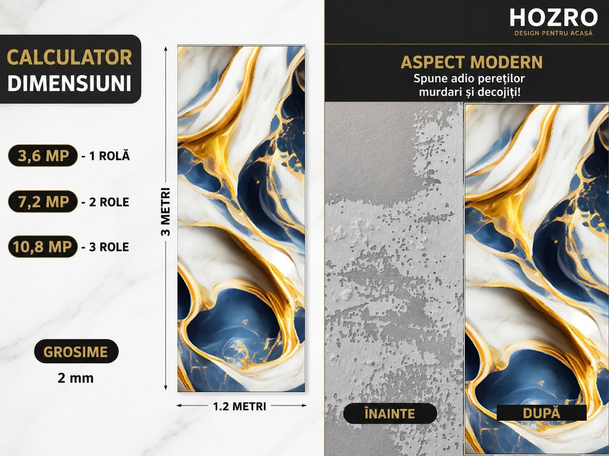 Rola Tapet Autocolant Premium 3D HOZRO – Aspect de Marmură Albastru/gold, 3 x 1.2 m (3.6 mp)- 605-5 HOZRO