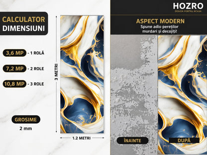Rola Tapet Autocolant Premium 3D HOZRO – Aspect de Marmură Albastru/gold, 3 x 1.2 m (3.6 mp)- 605-5 HOZRO