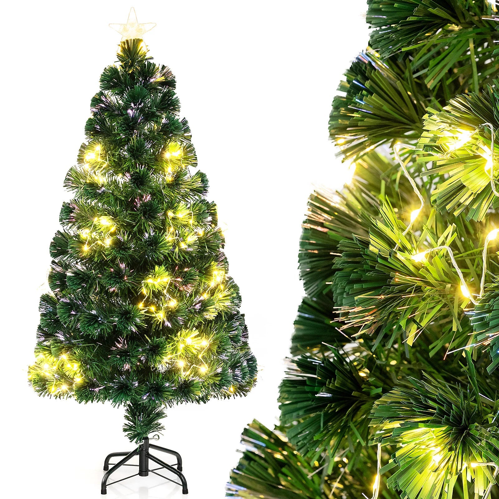 Brad artificial premium de Crăciun HOZRO, cu iluminat LED cald în formă de stele decorative, stea luminoasă în vârf și suport metalic rezistent inclus – aspect realist, ramuri dese și design elegant pentru sărbători magice și festive în familie 🎄 HOZRO