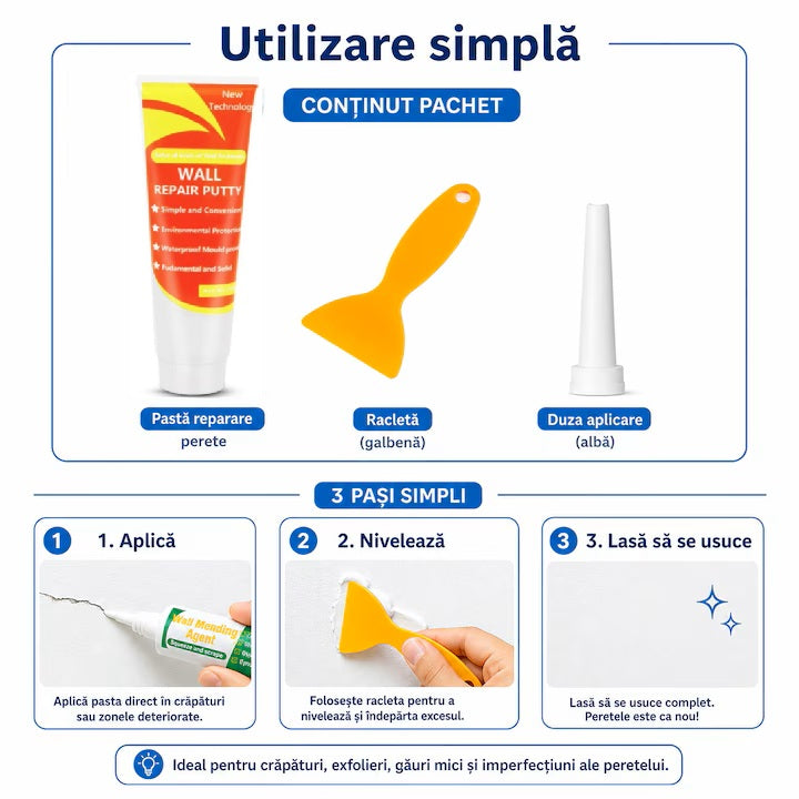 Pasta pentru reparat pereti HOZRO, cu plasture pentru gips-carton, auto-adeziv, cu spatula, alb HOZRO