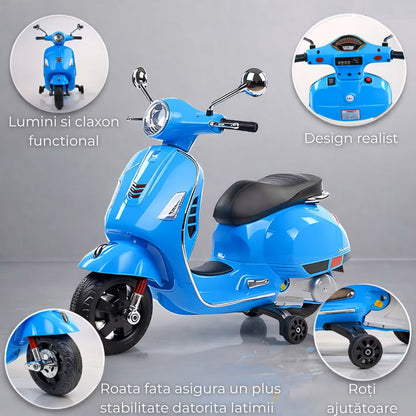 Scuter Electric Hozro® pentru Copii (3–8 ani) – Design Realist Stil Vespa, Lumini LED și Sistem Audio HOZRO