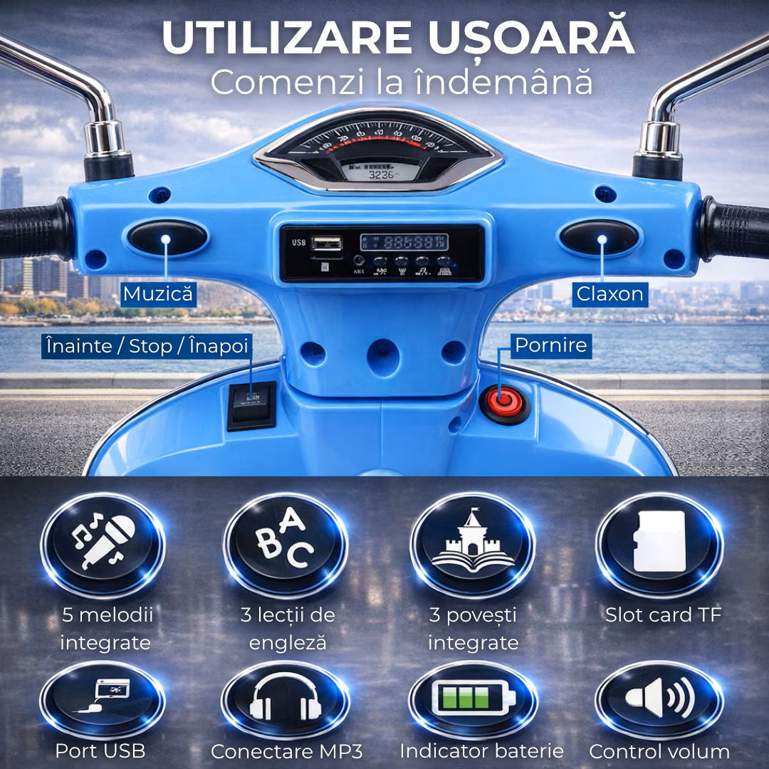 Scuter Electric Hozro® pentru Copii (3–8 ani) – Design Realist Stil Vespa, Lumini LED și Sistem Audio HOZRO