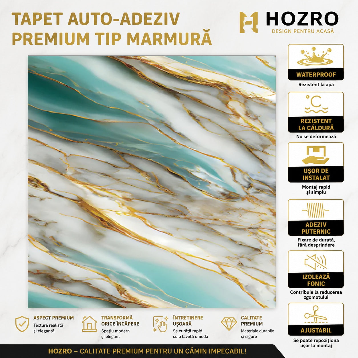 Tapet Autocolant Premium 3D HOZRO – Aspect de Marmură Verde/Gold, 3 x 1.2 m (3.6 mp)- 605-4 HOZRO