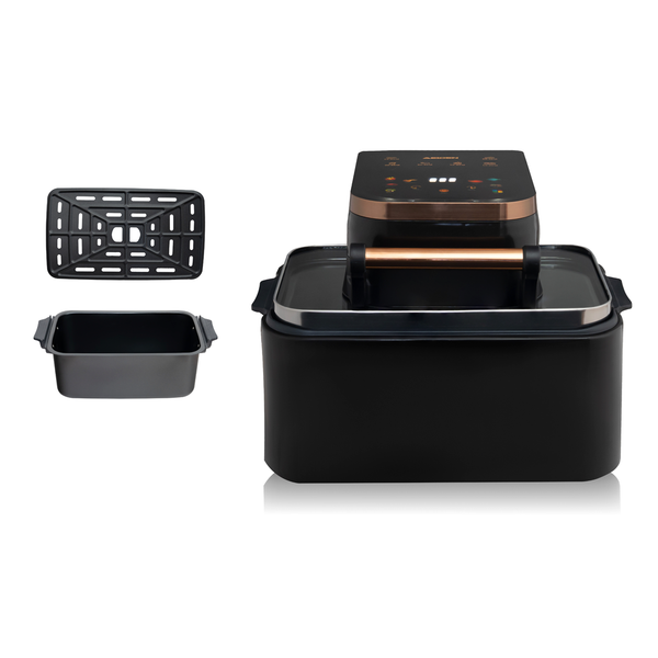 Friteuza Airfryer cu aer cald HOZRO, Putere 2500W, capacitate mare 12L, multifunctional pentru cartofi prajiti, carne, coacere si altele, 11 programe, display LCD, Negru-Auriu BESTSELLS