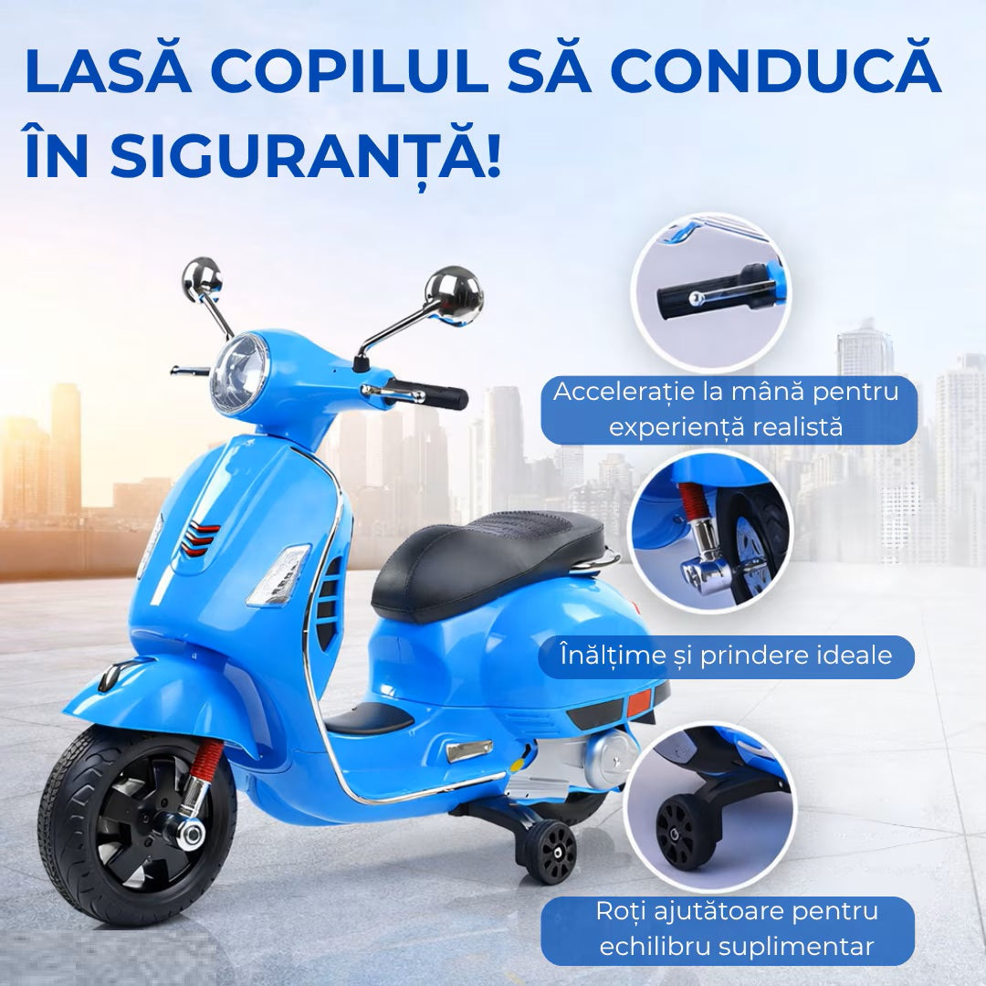 Scuter Electric Hozro® pentru Copii (3–8 ani) – Design Realist Stil Vespa, Lumini LED și Sistem Audio HOZRO