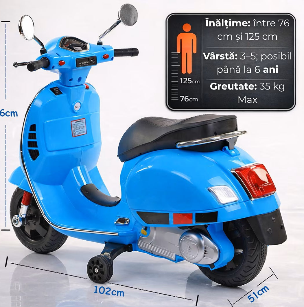 Scuter Electric Hozro® pentru Copii (3–8 ani) – Design Realist Stil Vespa, Lumini LED și Sistem Audio HOZRO