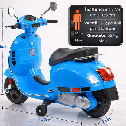 Scuter Electric Hozro® pentru Copii (3–8 ani) – Design Realist Stil Vespa, Lumini LED și Sistem Audio HOZRO