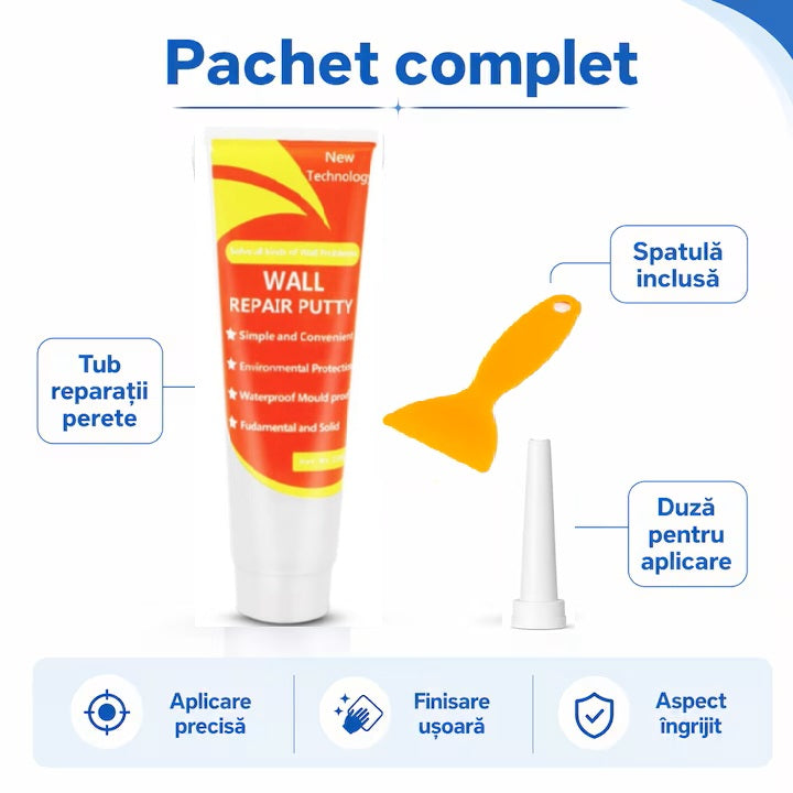 Pasta pentru reparat pereti HOZRO, cu plasture pentru gips-carton, auto-adeziv, cu spatula, alb HOZRO