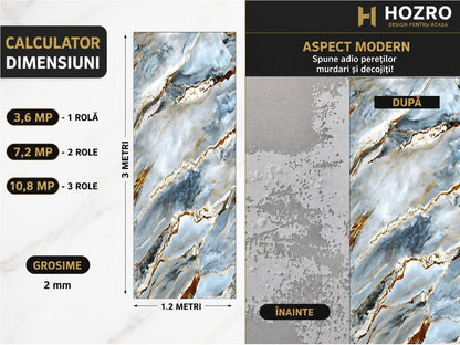 Rola Tapet Autocolant Premium 3D HOZRO – Aspect de Marmură Albastru inchis/Aramiu, 3 x 1.2 m (3.6 mp)- 605-7 HOZRO