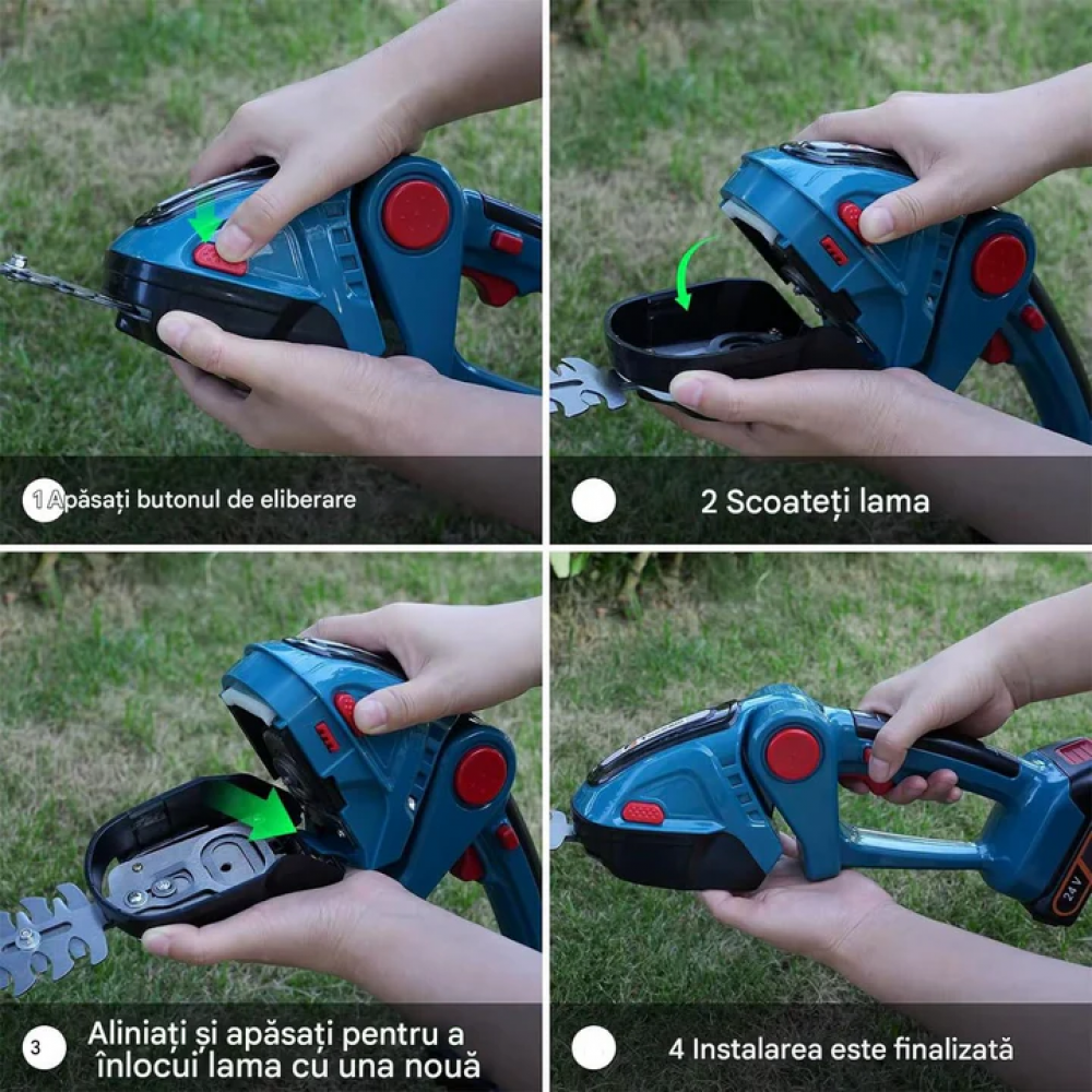 🌿 Set 6-în-1 HOZRO Drujbă, Motocoasa, Masina tuns gard Suflanta si Foarfeca Electrică portabilă , fără fir,  2 acumulatori reîncărcabili – Un singur sistem, libertate deplină în grădină! HOZRO