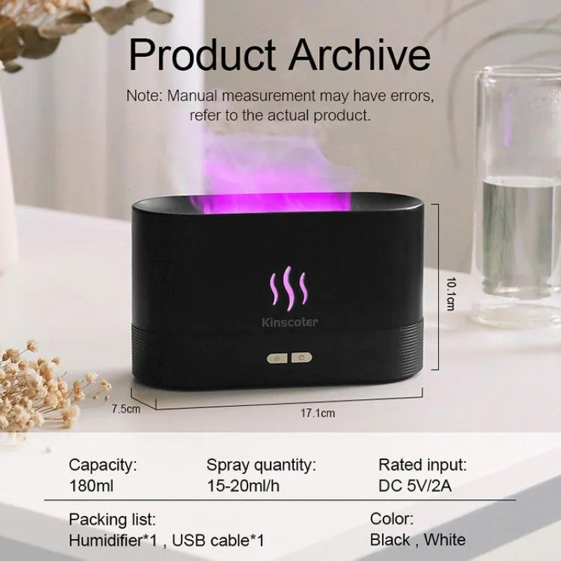 Difuzor Aromaterapie HOZRO, cu Efect Flacără – 4 Culori LED, Silentios, Umidifică Aerul, Black