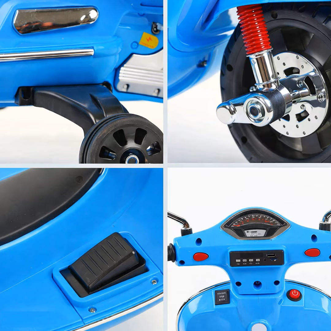 Scuter Electric Hozro® pentru Copii (3–8 ani) – Design Realist Stil Vespa, Lumini LED și Sistem Audio HOZRO