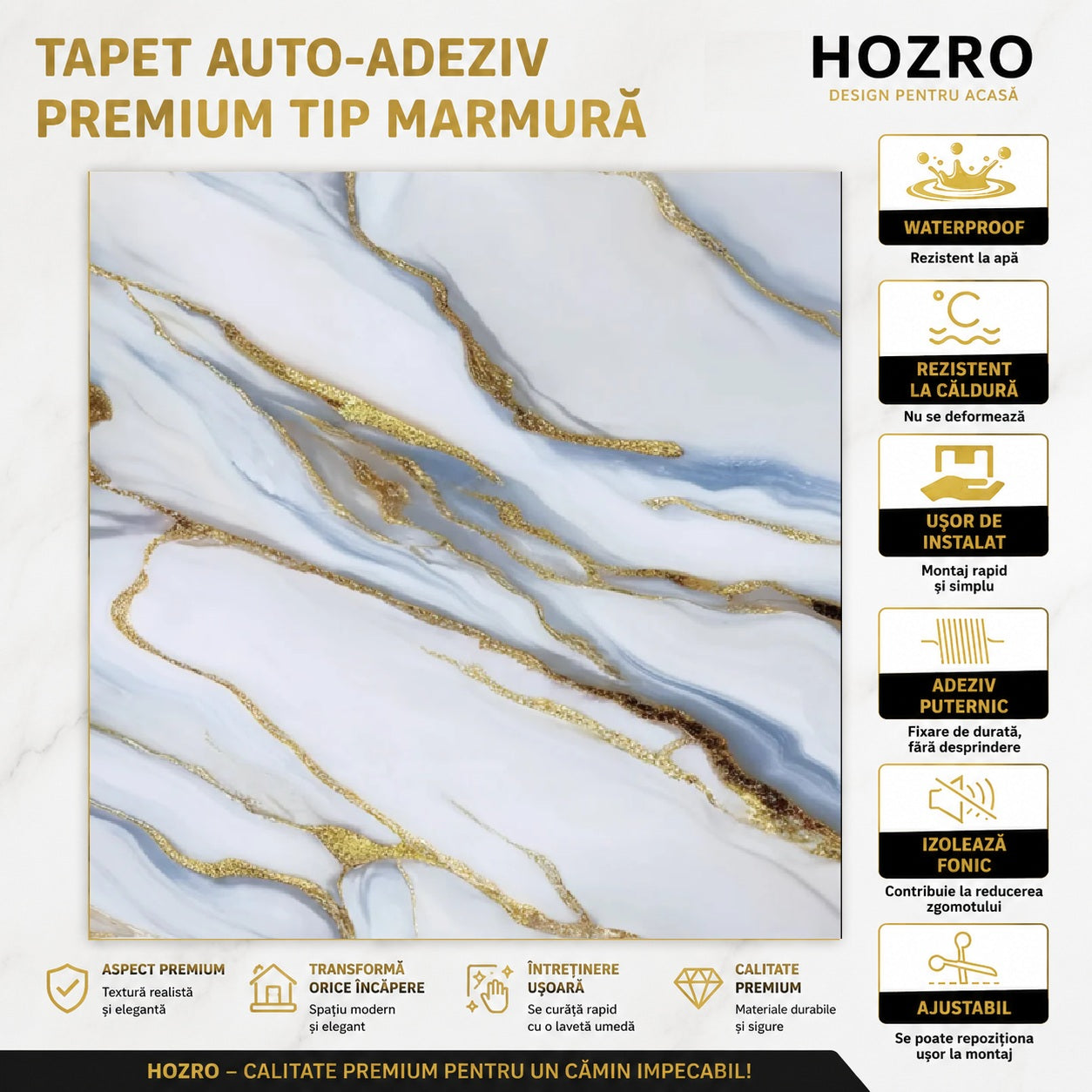 Rola Tapet Autocolant Premium 3D HOZRO – Aspect de Marmură Albastru Deschis/Gold, 3 x 1.2 m (3.6 mp)- 605-6 HOZRO