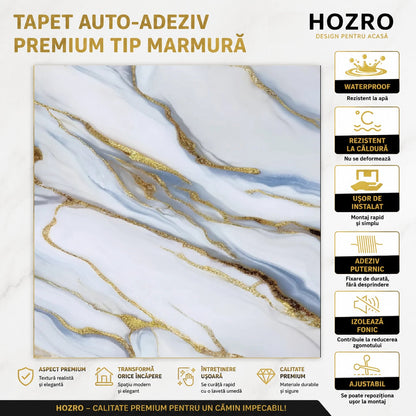 Rola Tapet Autocolant Premium 3D HOZRO – Aspect de Marmură Albastru Deschis/Gold, 3 x 1.2 m (3.6 mp)- 605-6 HOZRO