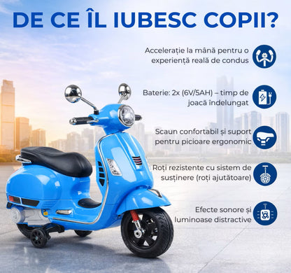 Scuter Electric Hozro® pentru Copii (3–8 ani) – Design Realist Stil Vespa, Lumini LED și Sistem Audio HOZRO