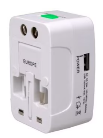 Adaptor universal alb, cu un port USB lateral și mufe retractabile