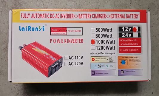 Ambalaj LaiRun cu marcaje pentru varianta 12V și 1000W și imaginea unui invertor roșu.