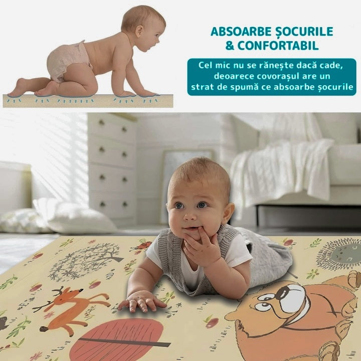 Covoras de Joaca pentru Copii Hozro®, 2 Fețe, Termic si Anti-derapant, Pliabil, Protectie la Impact, Model Munti si Padure, 200x180x1cm, Multicolor HOZRO
