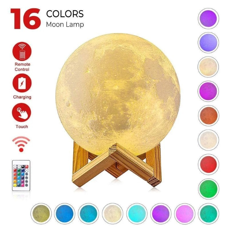 Lampa de veghe luna 3D 20 cm, 16 culori, telecomanda, suport lemn, reincarcabila USB BESTSELLS