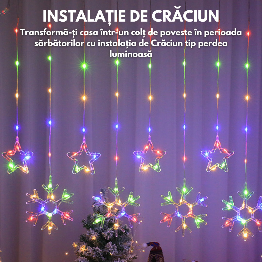 ❄️ Instalație Perdea Luminoasă HOZRO – Fulgi de Nea si Stele, Multicoloră HOZRO