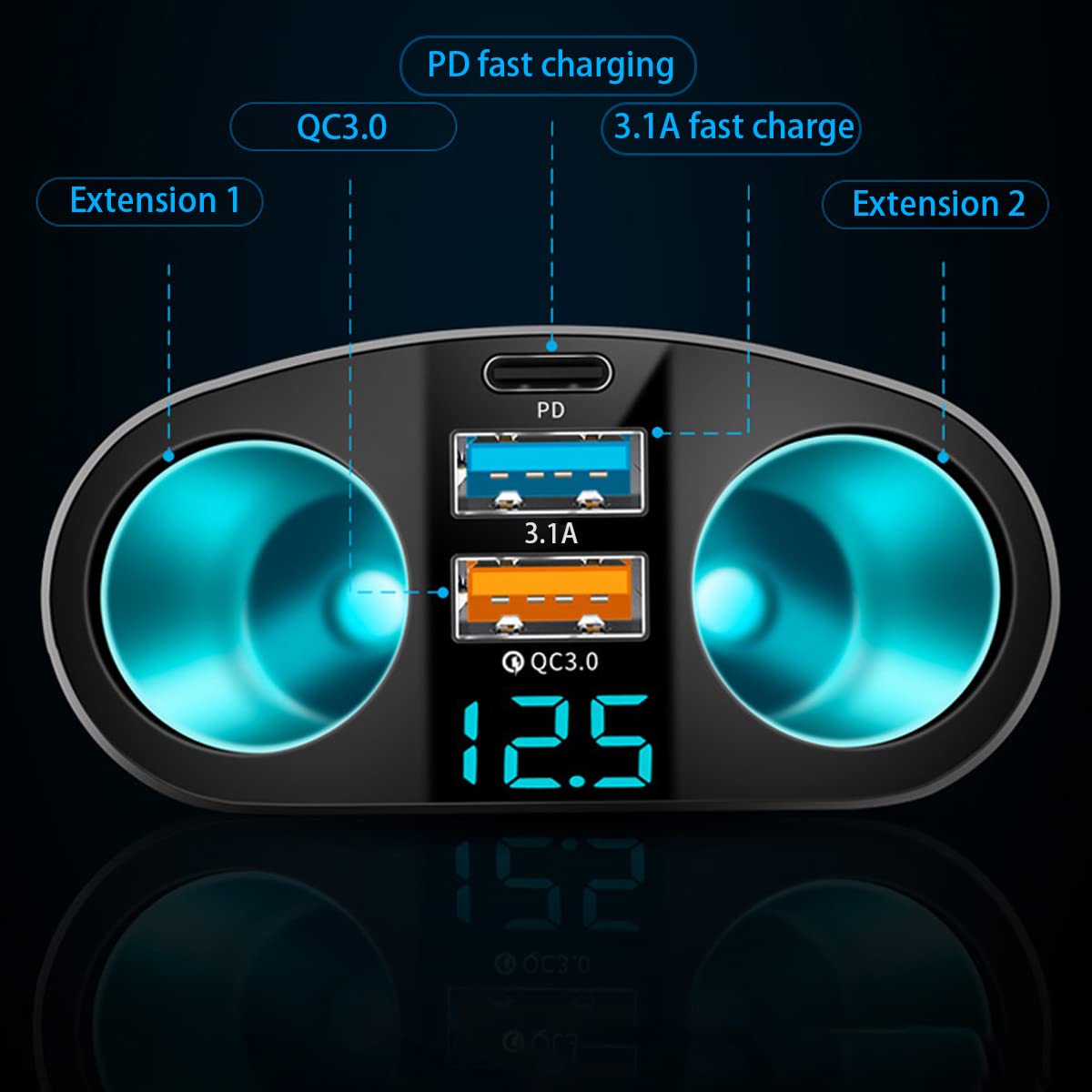 Încărcător auto rapid Hozro Splitter Multi-Power, 120W, adaptor bricheta cu 2 căi, porturi USB-C și USB, voltmetru LED, compatibilitate universală 12V/24V HOZRO