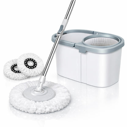 Mop Rotativ Cu Galeata  360° HOZRO, Spin Turbo, 3 în 1, cu 2 lavete din microfibra, cu Dubla Actiune, Sistem Stoarcere, Inaltime Mop Ajustabila, Alb/Gri 45x26x21 cm