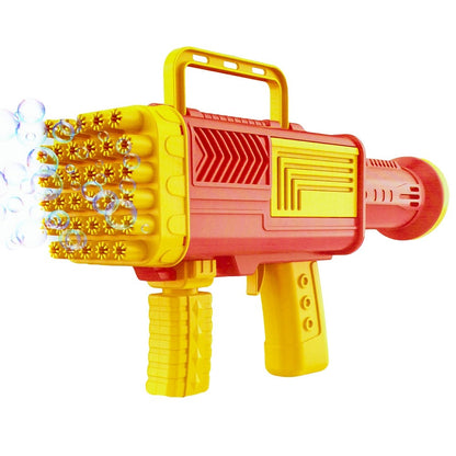 Pistol pentru facut baloane de sapun, 34 de gauri, baloane colorate, recipient si liquid inclus, jucarie de vara pentru activitati in aer liber, 24 cm x 13 cm, roz-galben, Ideală pentru Copii și Petreceri HOZRO