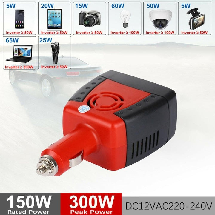 Invertor de Tensiune Auto 12V-220V My Home 150W – Convertor Auto cu Port USB 2.1A, Roșu/Negru HOZRO