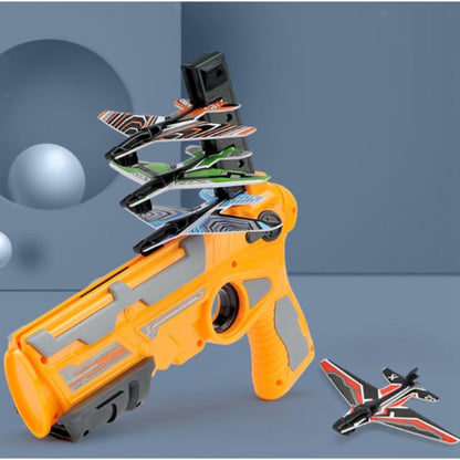 Pistol de Jucarie HOZRO, Lansator de Avioane, cu 4 Avioane din Carton pentru Copii, Sistem ATS, Galben HOZRO