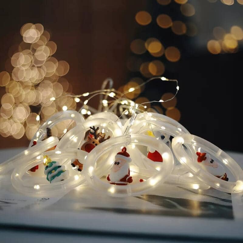 🎄 Instalatie Tip Perdea Cercuri cu Figurine HOZRO, 3 M, 10 Inele Suspendate de Craciun cu Figurine Festive 3D si LED cu Lumina Alb Cald✨ HOZRO