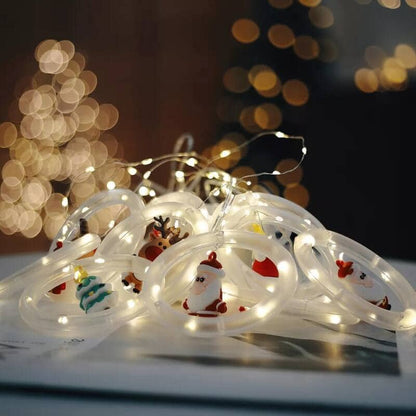 🎄 Instalatie Tip Perdea Cercuri cu Figurine HOZRO, 3 M, 10 Inele Suspendate de Craciun cu Figurine Festive 3D si LED cu Lumina Alb Cald✨ HOZRO