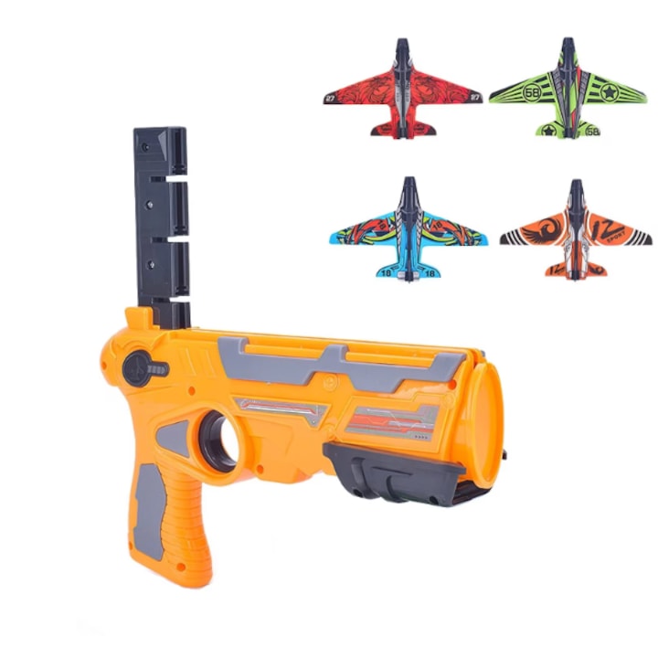 Pistol de Jucarie HOZRO, Lansator de Avioane, cu 4 Avioane din Carton pentru Copii, Sistem ATS, Galben HOZRO