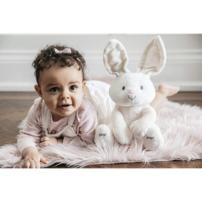 Jucarie interactiva Hozro, Iepuras de plus Cucu-Bau, Peek a Boo! - Canta si vorbeste, Culoare Alb HOZRO