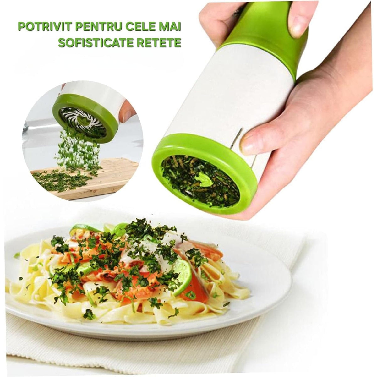Rășniță Manuală pentru Ierburi Aromatice și Verdețuri HOZRO, Calitate Premium, 6 Lame Ascuțite din Oțel Inoxidabil, Design Ergonomic, pentru Pătrunjel, Mărar, Busuioc sau Mentă, Verde/Alb HOZRO