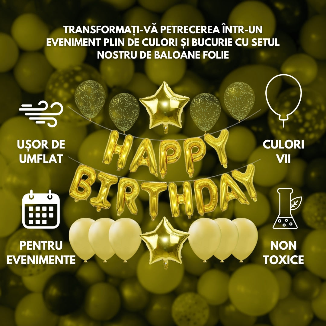 Set Baloane Folie „Happy Birthday”, 43 cm – Decor Elegant pentru Petreceri Aniversare, Evenimente, Fete, Femei, Fetițe, cu Litere Mari, Refolosibile, Ușor de Umflat și Montat (Copy) HOZRO